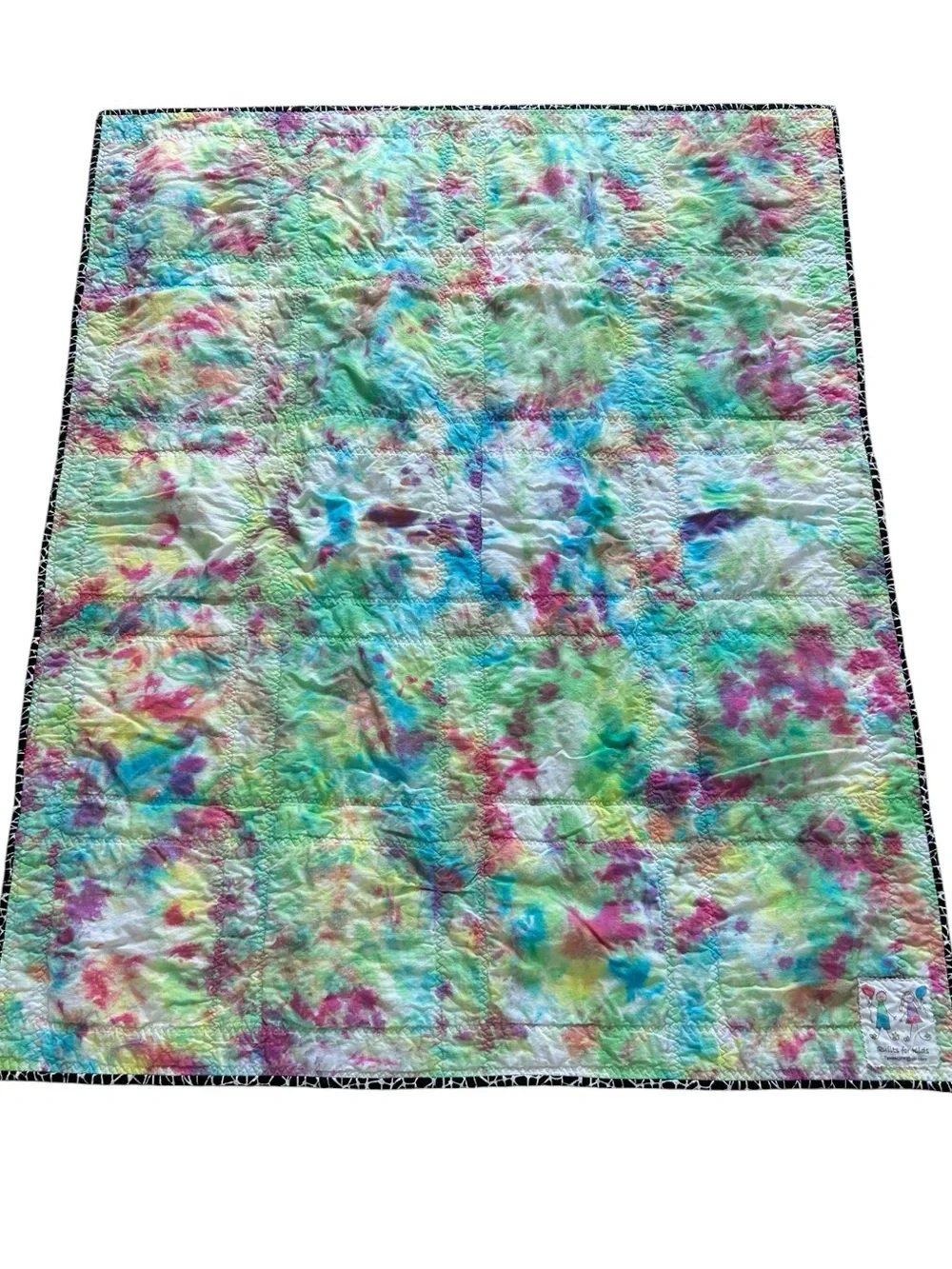 Handmade Colorful Patchwork Quilt with Watercolor Squares and Tie Dye Backside